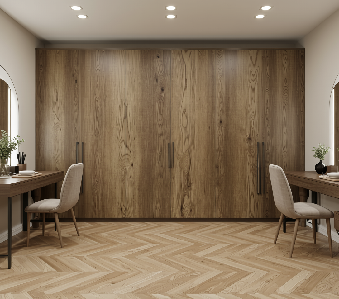 Brown wood laminate with textured finish and vertical grain pattern.