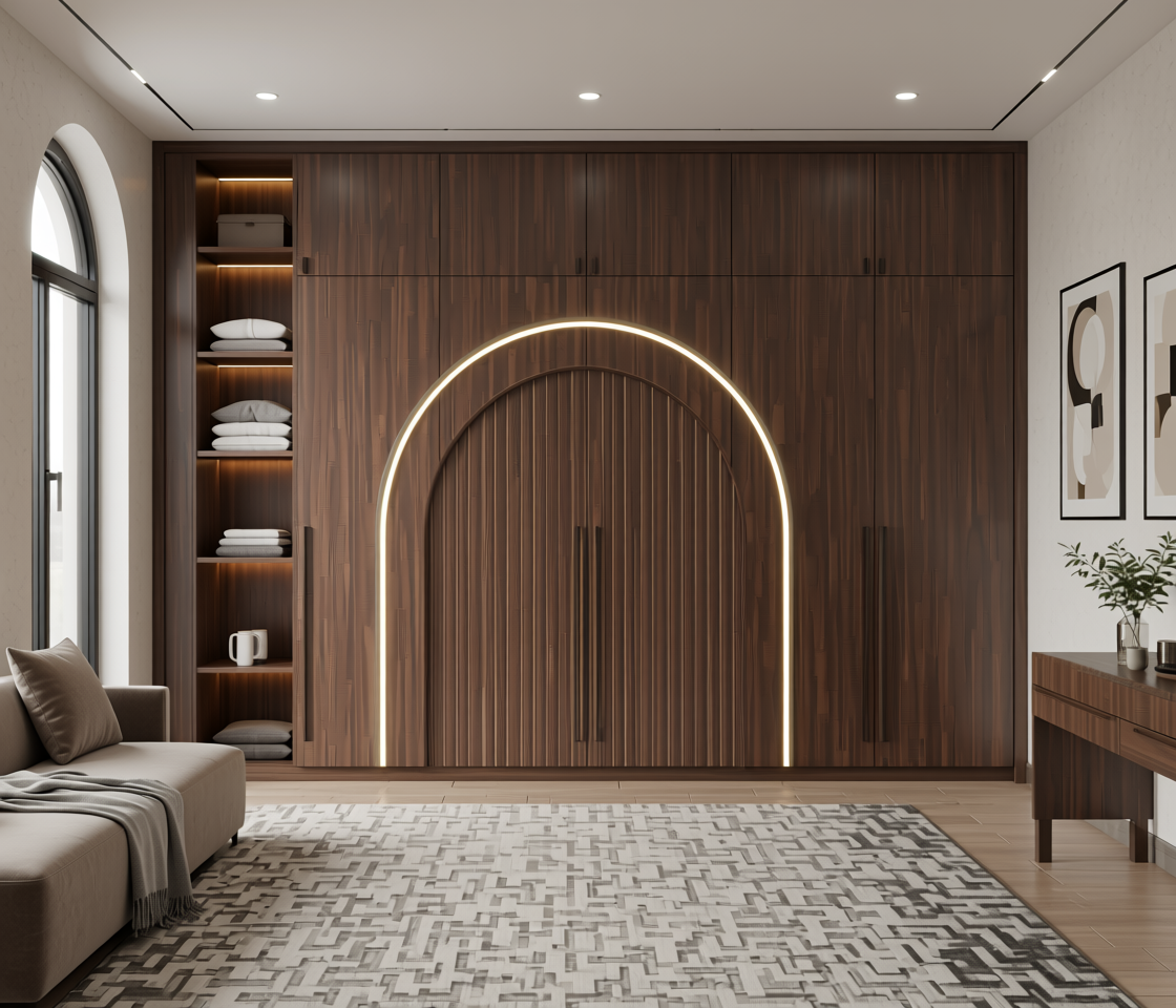 Brown laminate with vertical fluted pattern and textured finish.