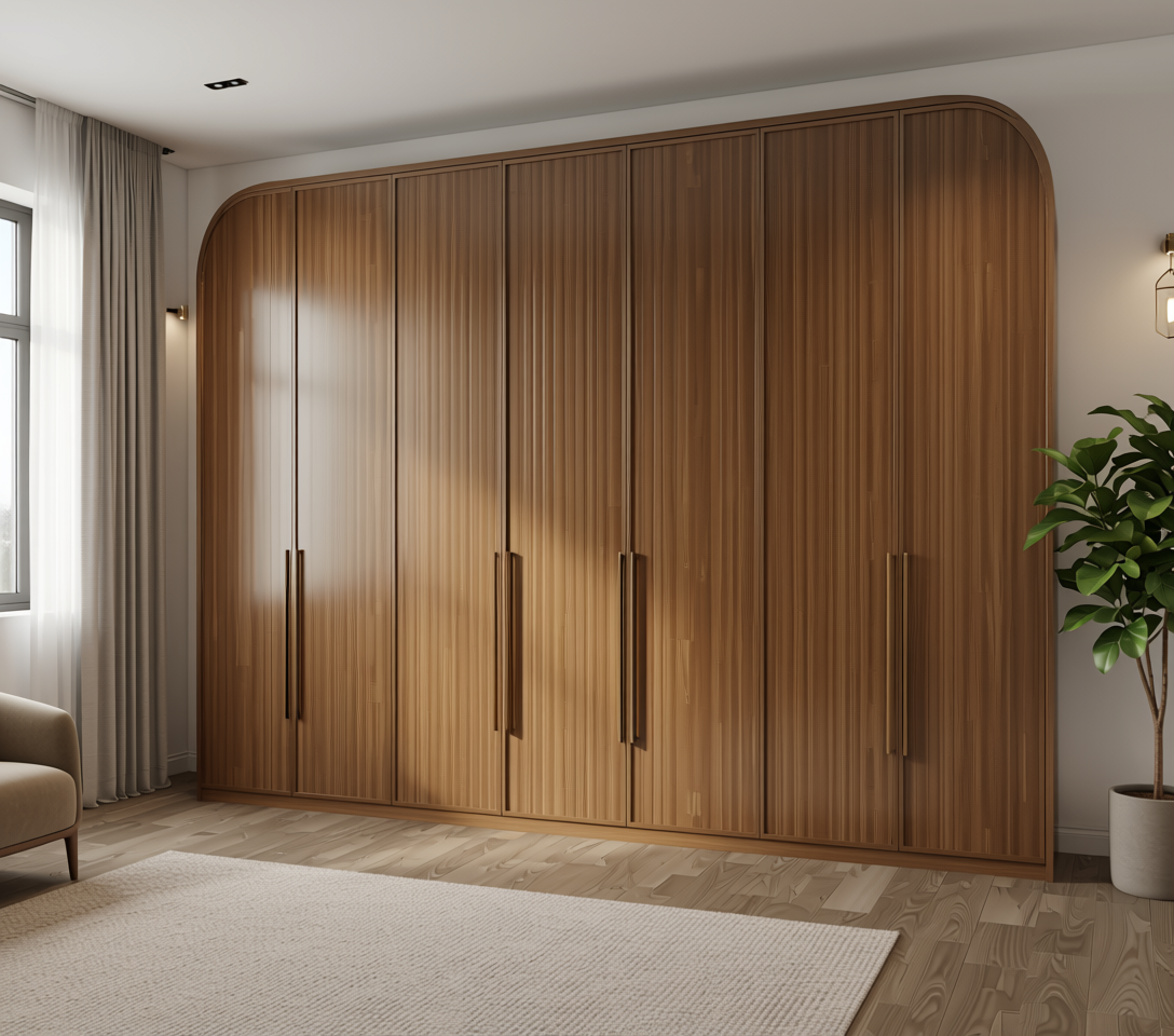 Brown laminate with vertical fluted texture and arched design.