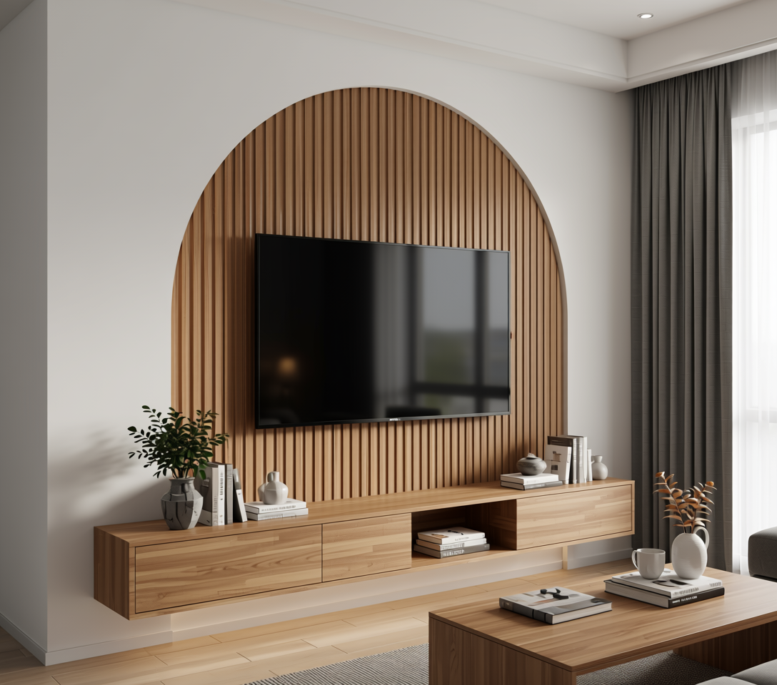 Brown laminate with vertical fluted texture and arched design.