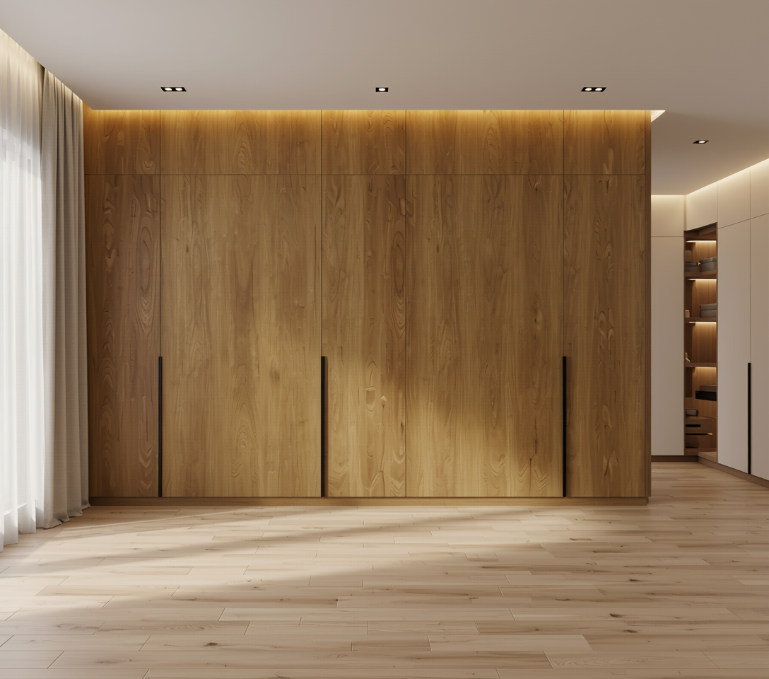 Brown wood laminate with textured finish and vertical grain pattern.