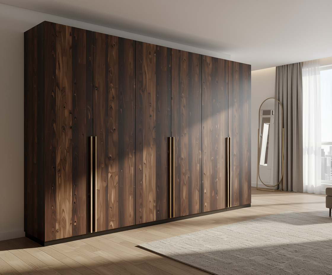 Brown laminate with textured wood grain pattern and vertical grain direction.