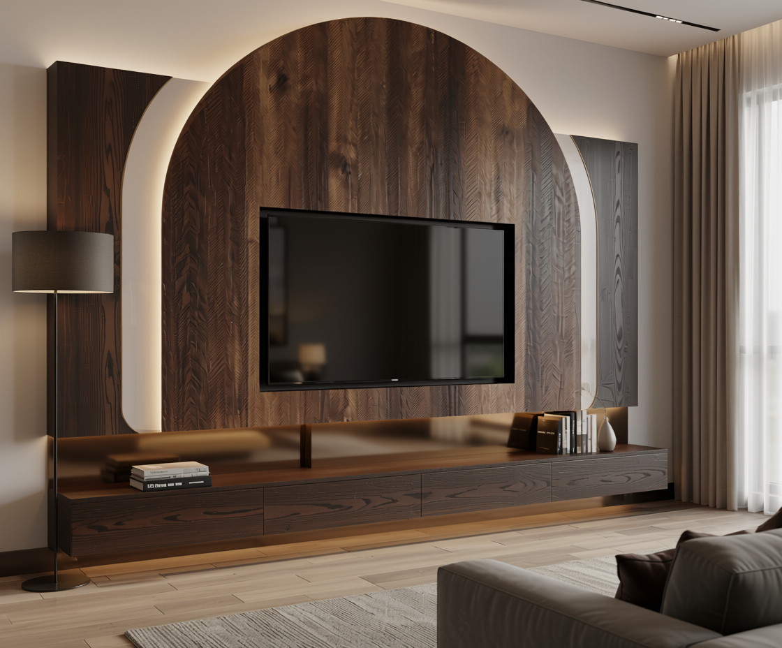 Brown laminate with textured wood grain pattern and vertical grain direction.