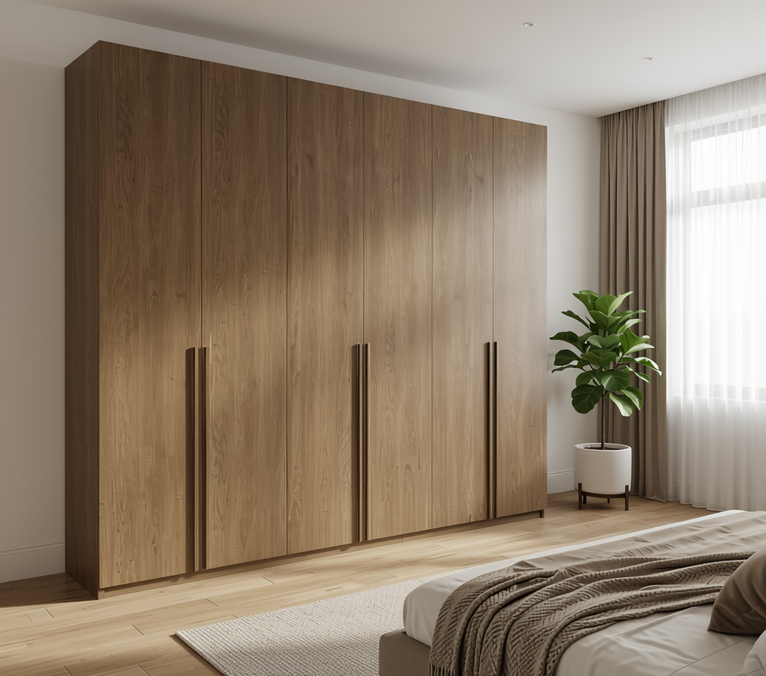 Brown laminate with wood grain texture and vertical grain direction.