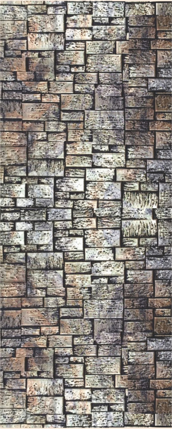 Grey stone pattern wall panel with textured finish and varied rectangular stone tiles in different shades and rough texture