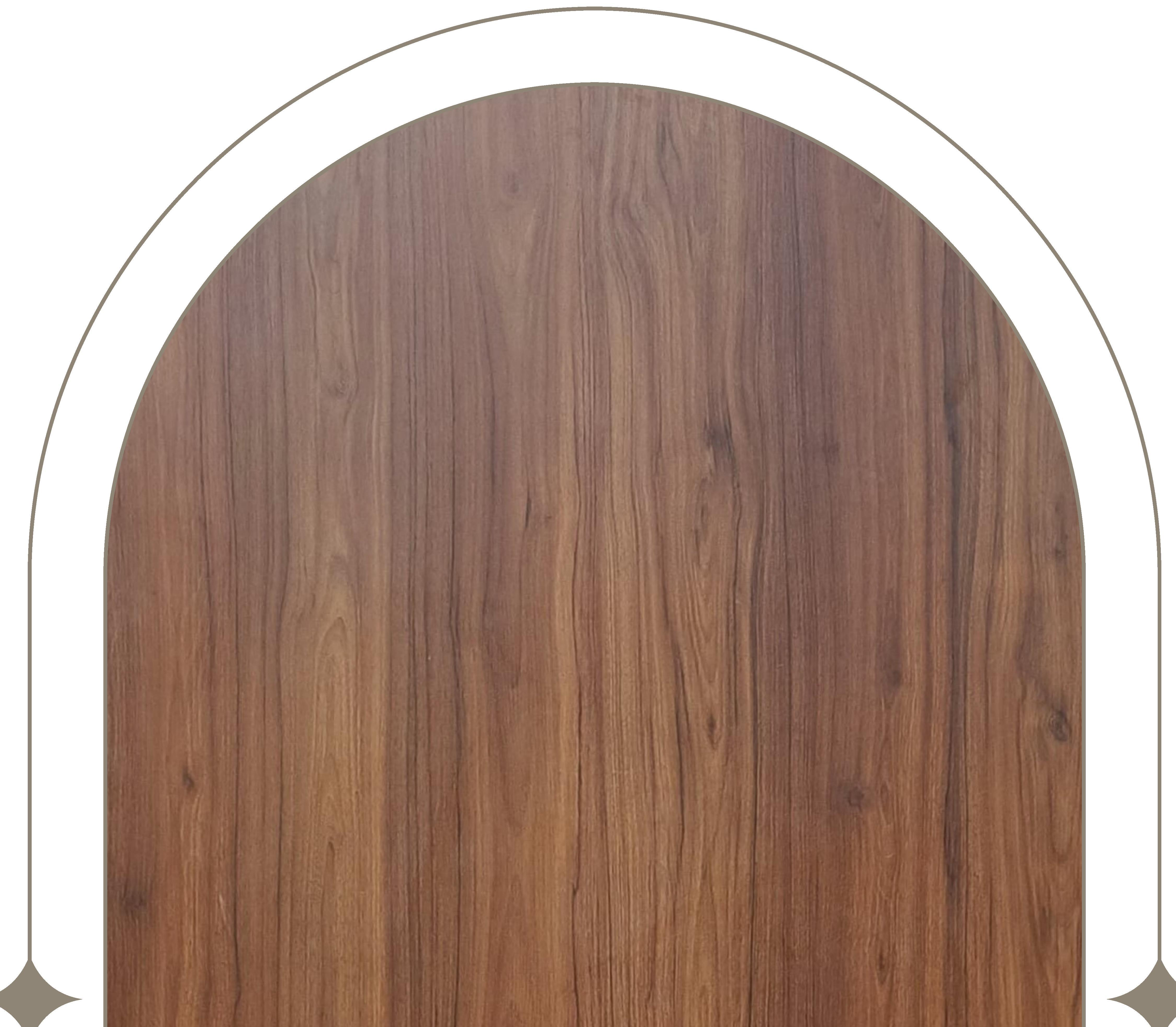 Brown laminate with wood grain texture and vertical grain direction, arched shape.