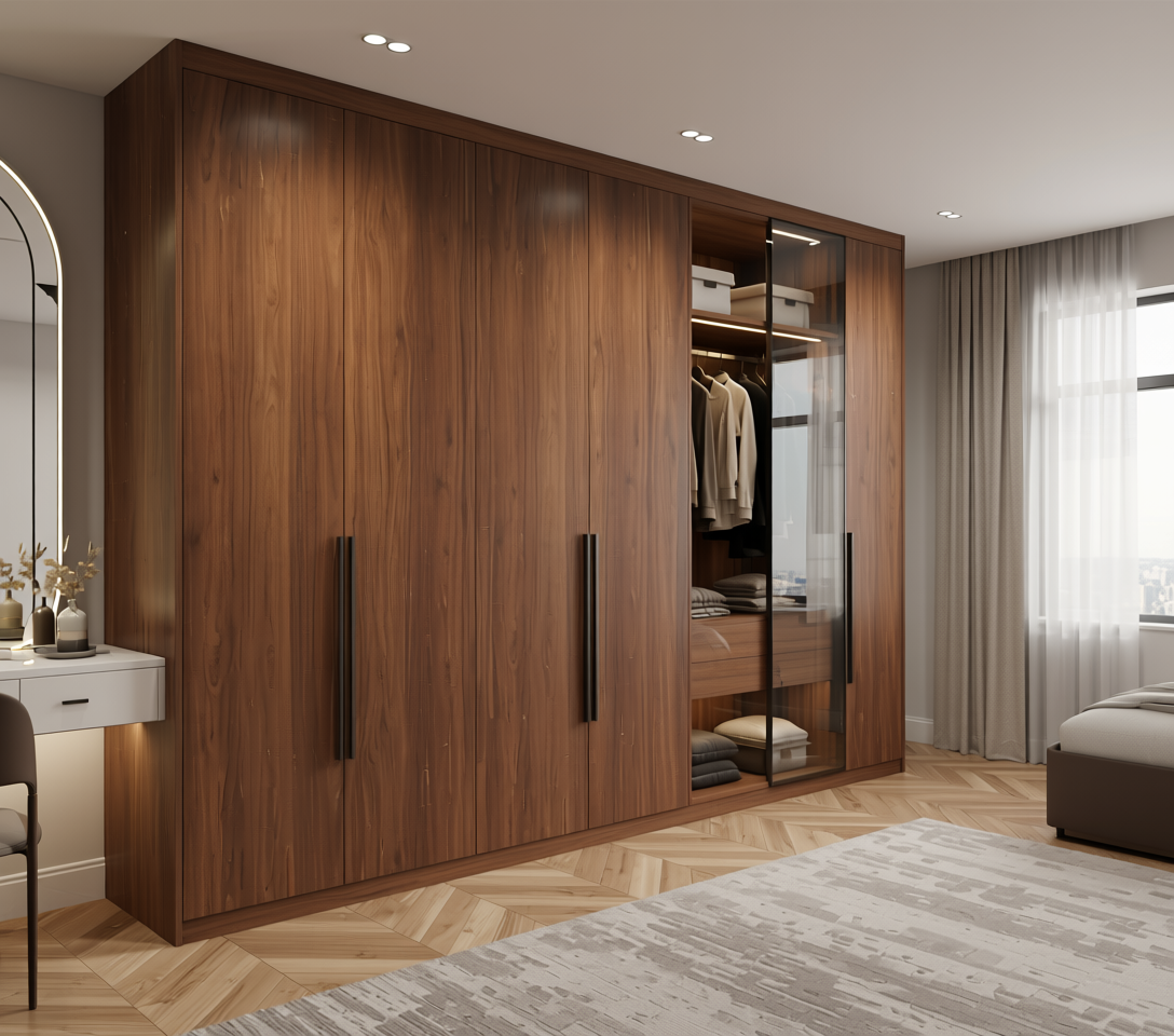 Brown laminate with wood grain texture and vertical grain direction, arched shape.