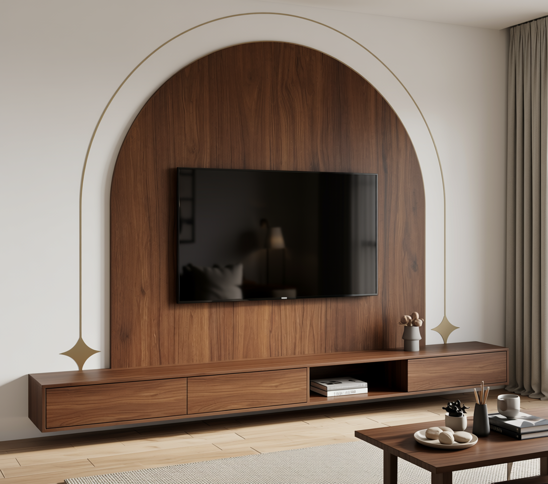 Brown laminate with wood grain texture and vertical grain direction, arched shape.