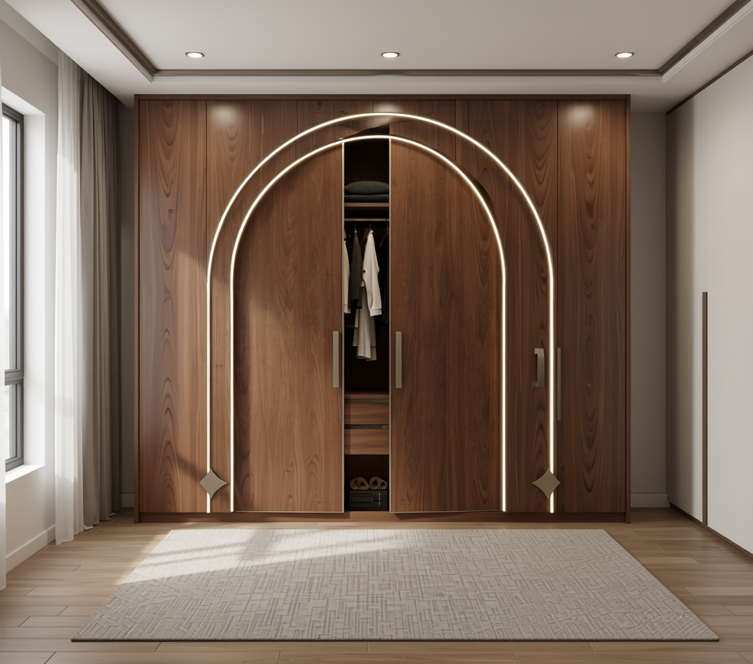 Brown laminate with wood grain texture and subtle sheen in an arched frame.