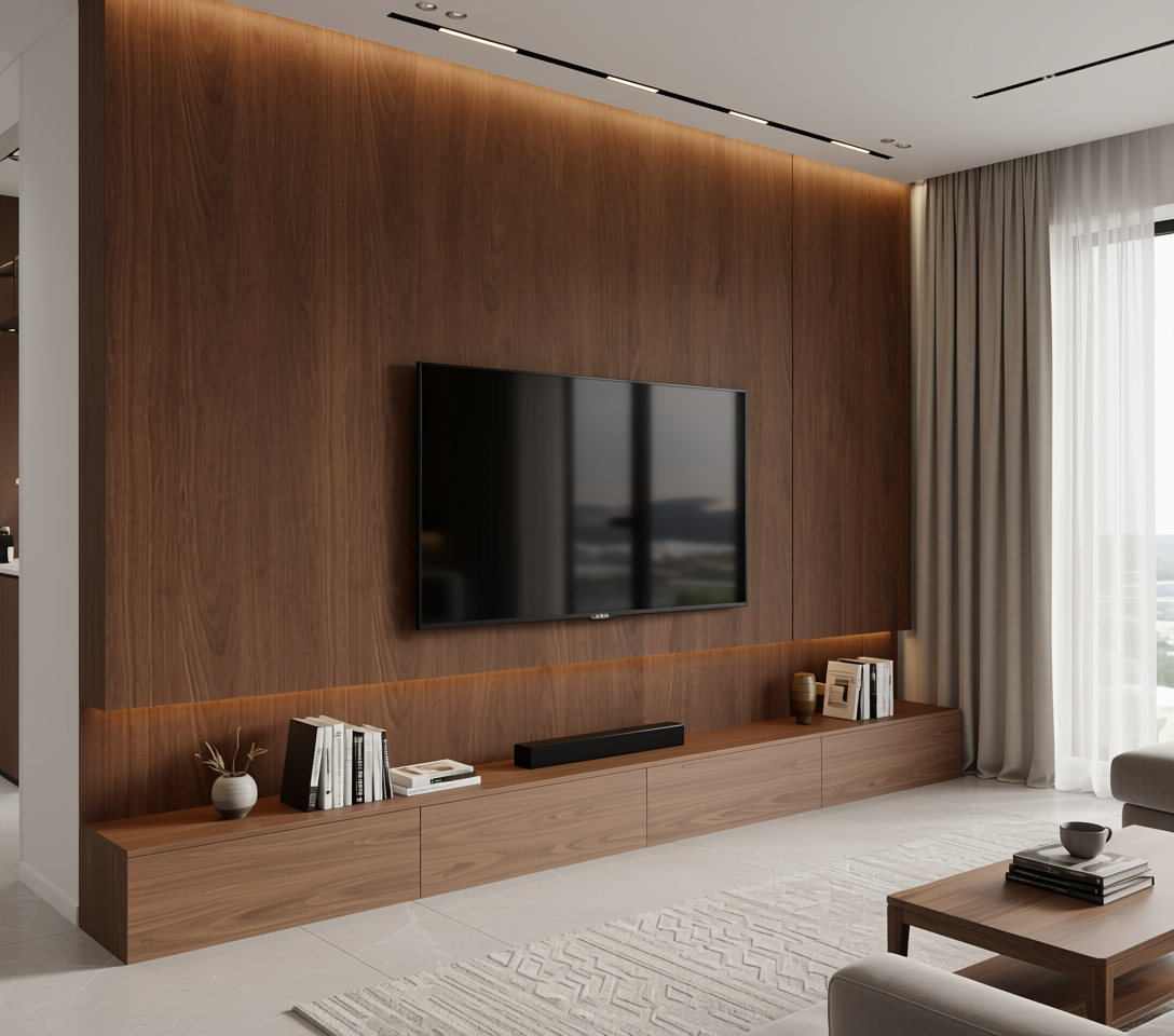 Brown laminate with wood grain texture and subtle sheen in an arched frame.
