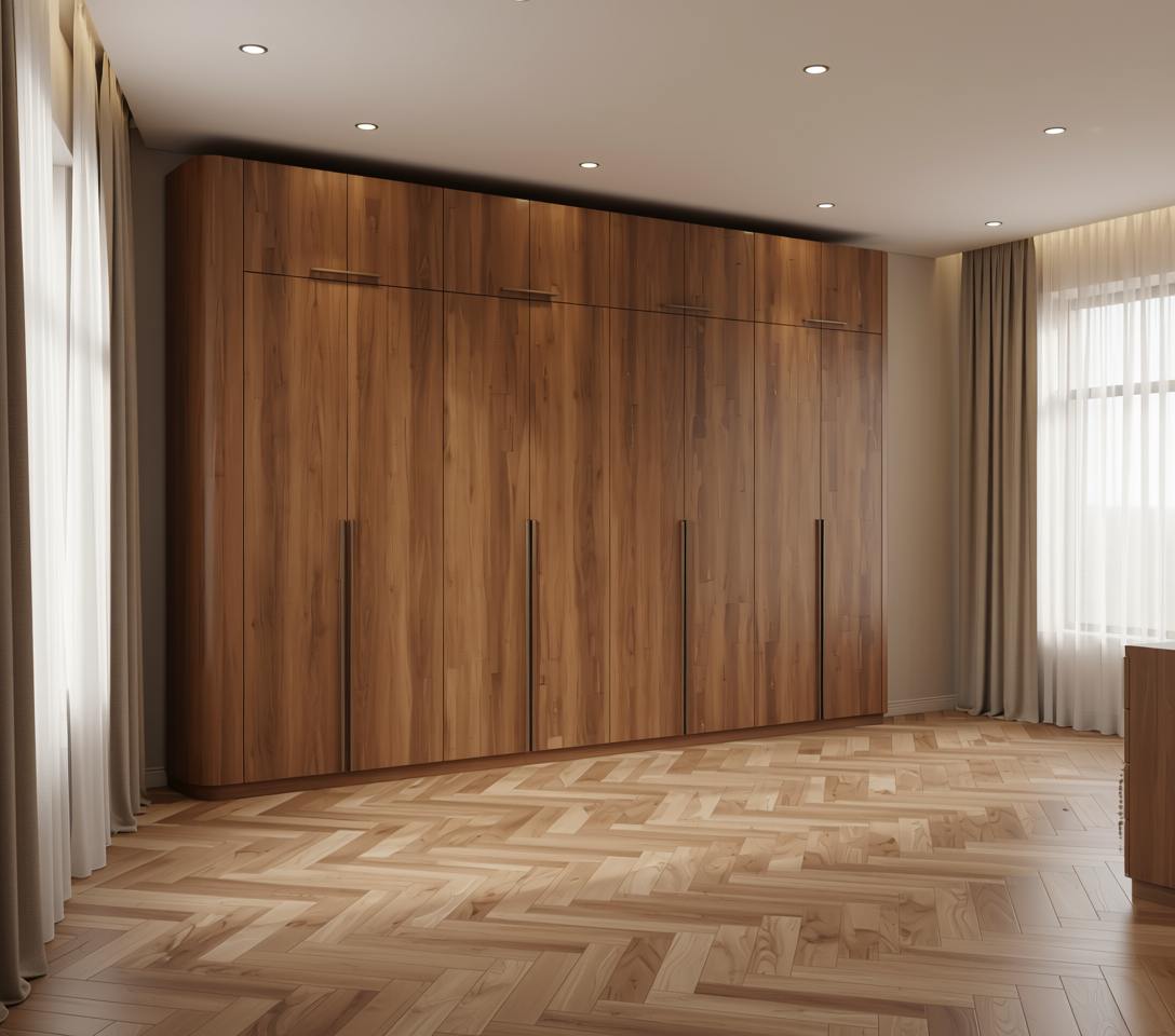 Brown wood laminate with textured finish and vertical grain direction.