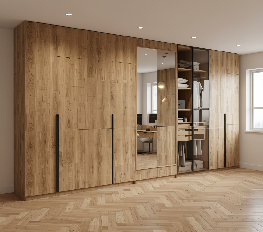 Brown laminate with wood grain texture and vertical pattern, featuring subtle sheen.
