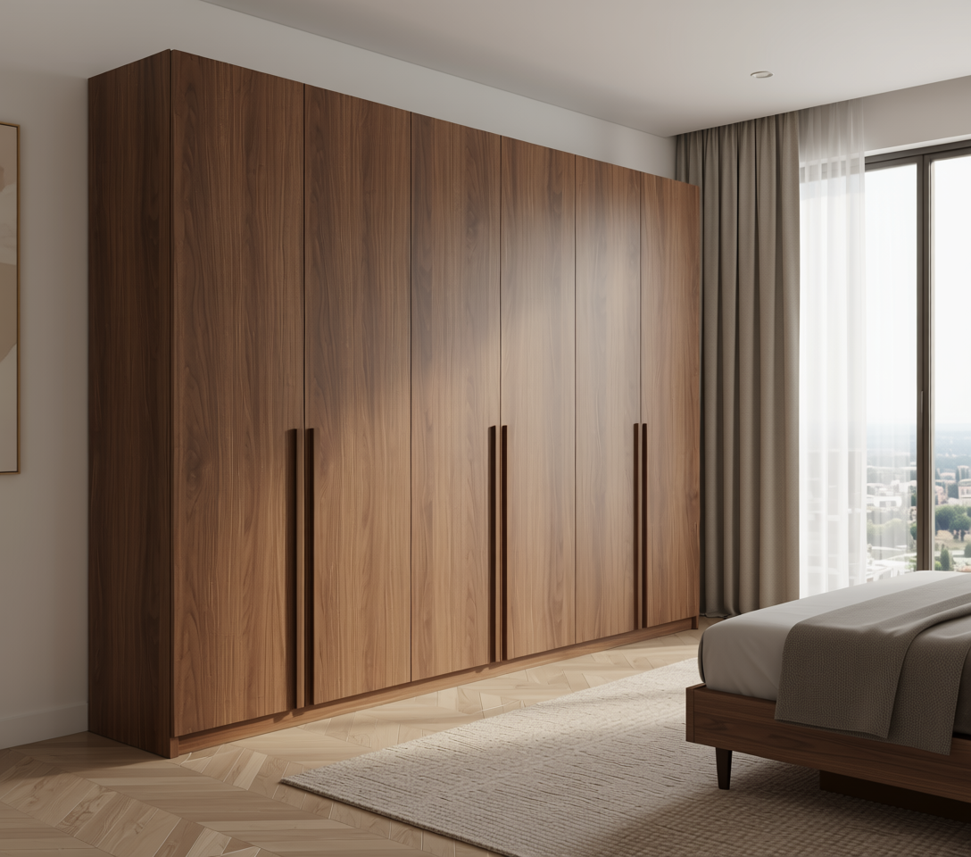 Brown laminate with wood grain texture and vertical grain direction, arched shape.