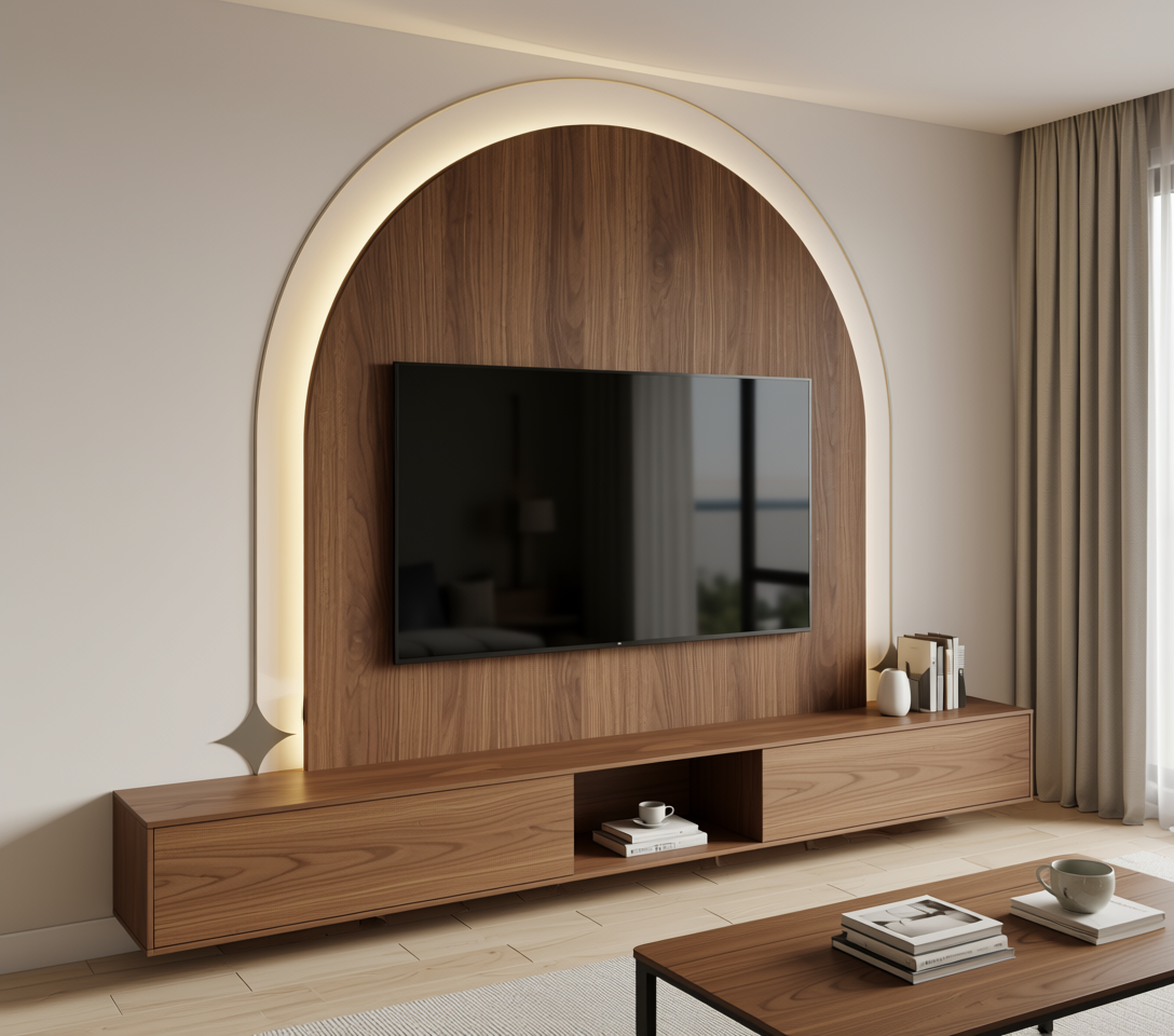 Brown laminate with wood grain texture and vertical grain direction, arched shape.