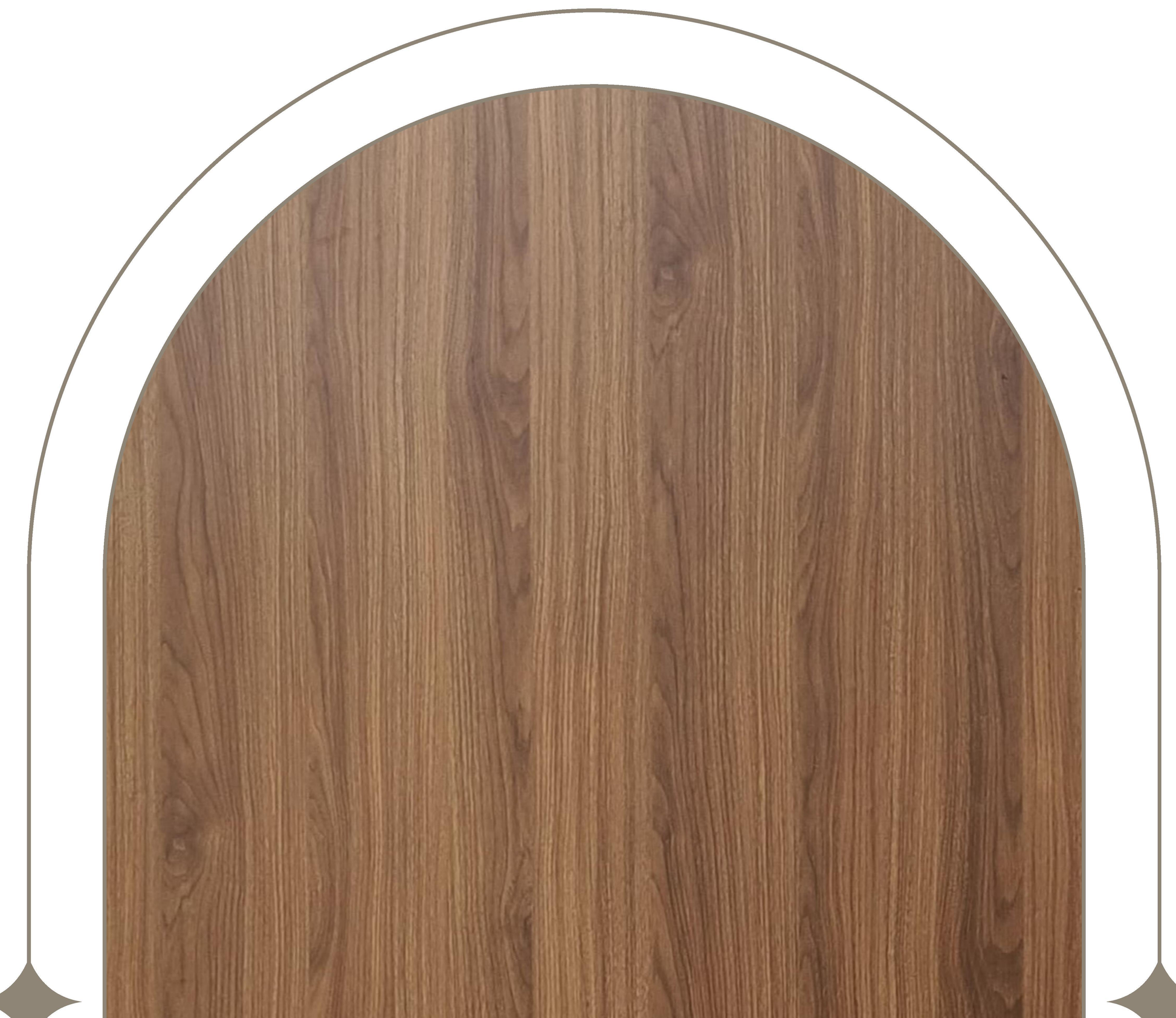 Brown laminate with wood grain texture and vertical grain direction, arched shape.