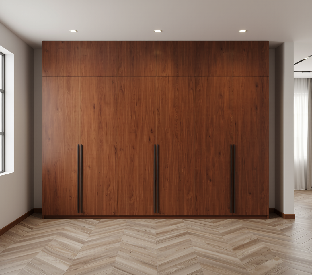 Brown wood laminate with textured finish and vertical grain direction.