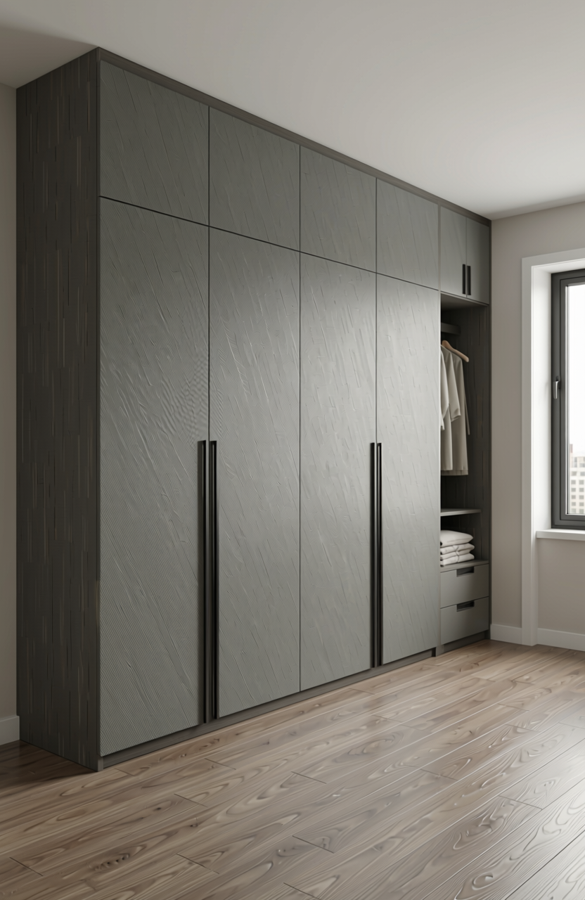 Grey laminate sheet with diagonal texture and subtle sheen, featuring a uniform pattern.