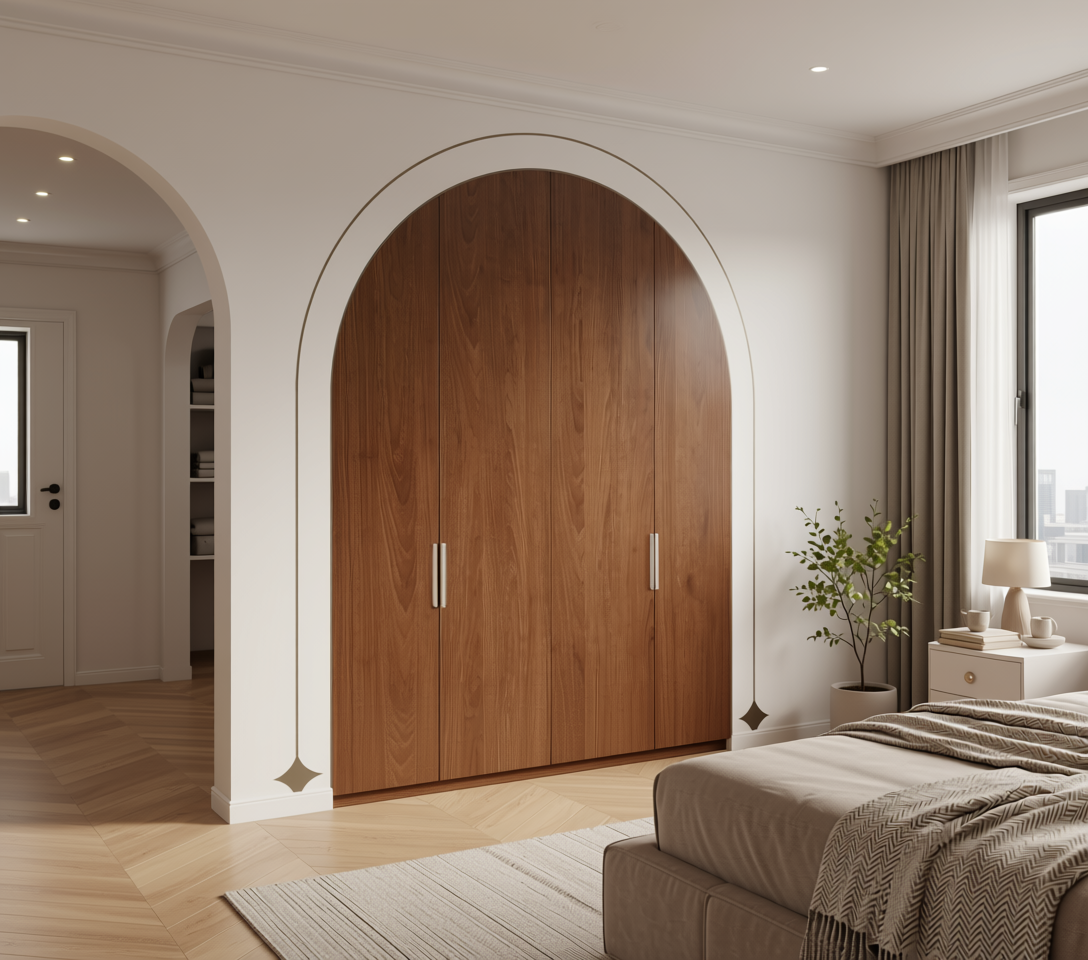 Brown laminate with wood grain texture and vertical grain direction.