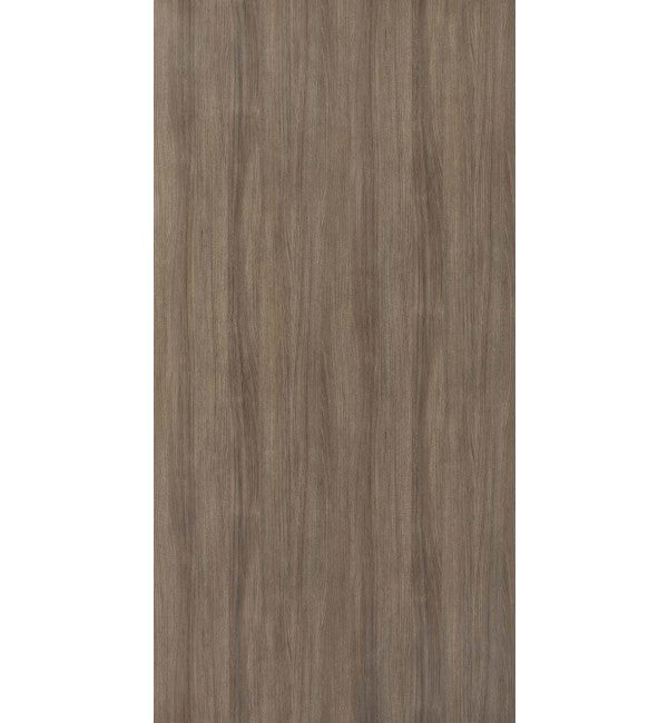 Brown wood grain decorative laminate with suede finish and vertical wood pattern texture