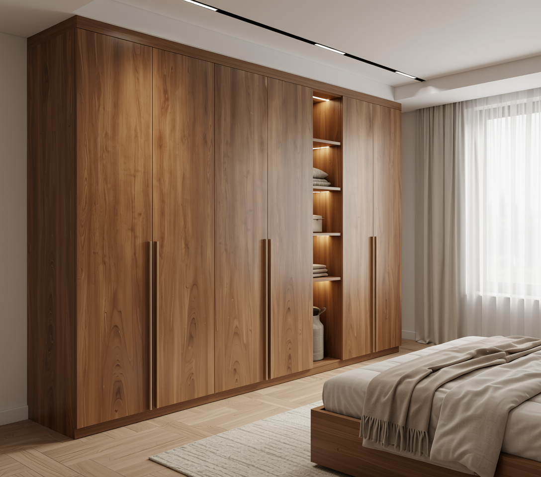 Brown wood laminate with textured finish and vertical grain direction.