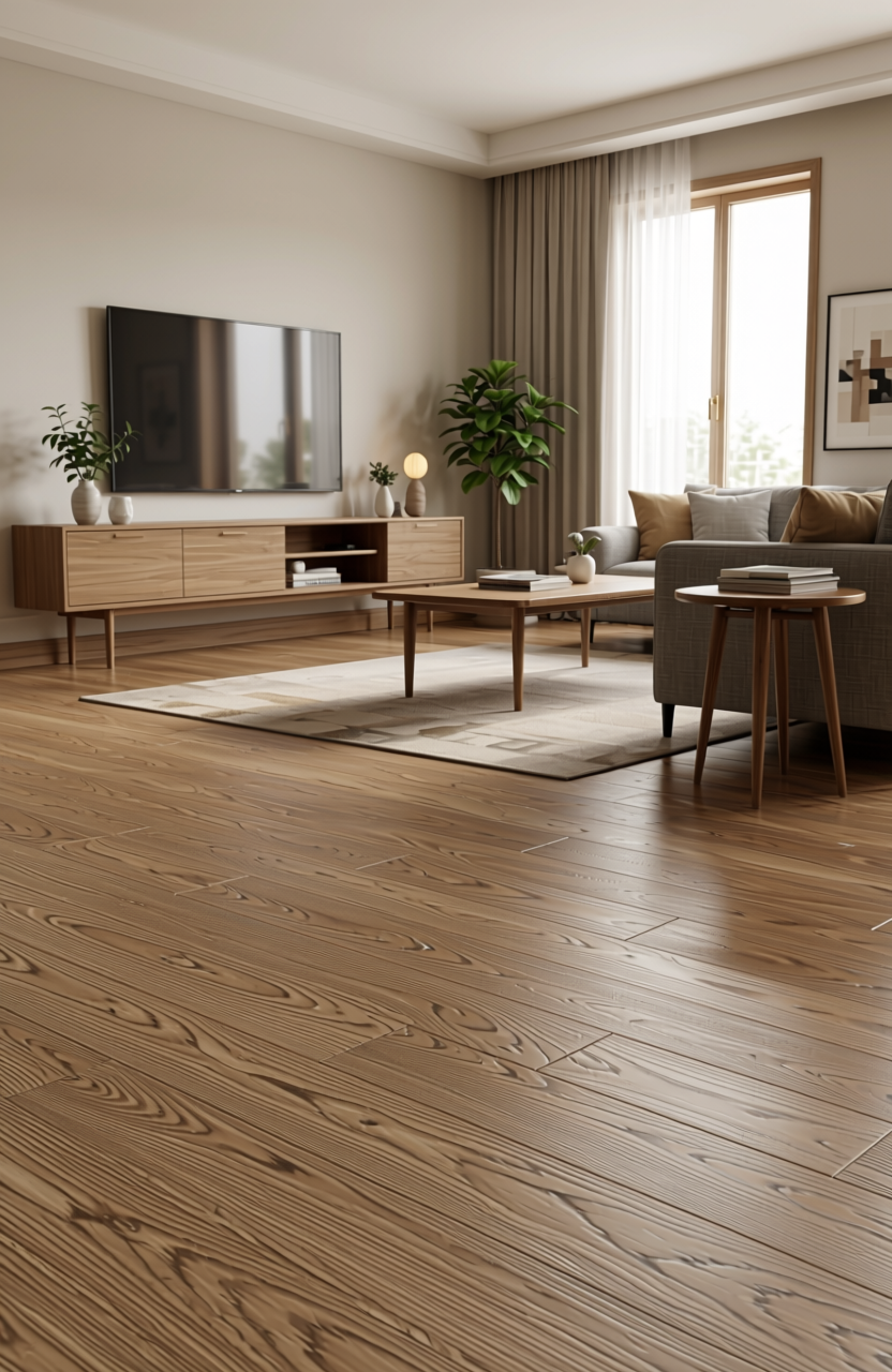 Brown wood laminate with diagonal grain and textured finish.