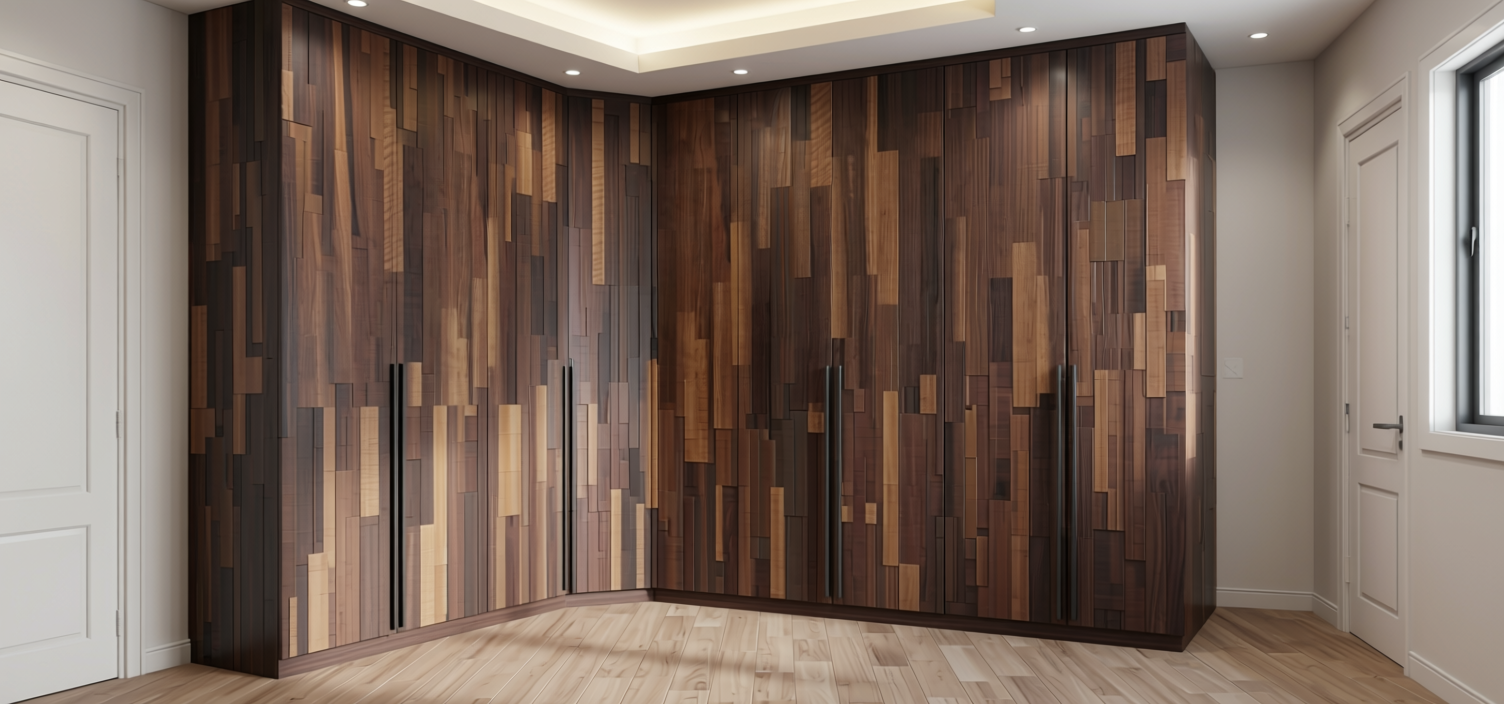 Brown laminate with textured, wood grain pattern and varied vertical grain direction.