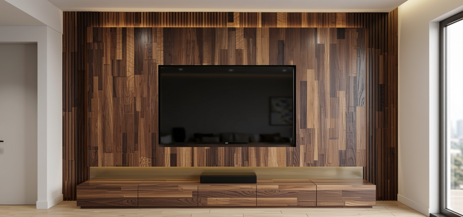 Brown laminate with textured, wood grain pattern and varied vertical grain direction.