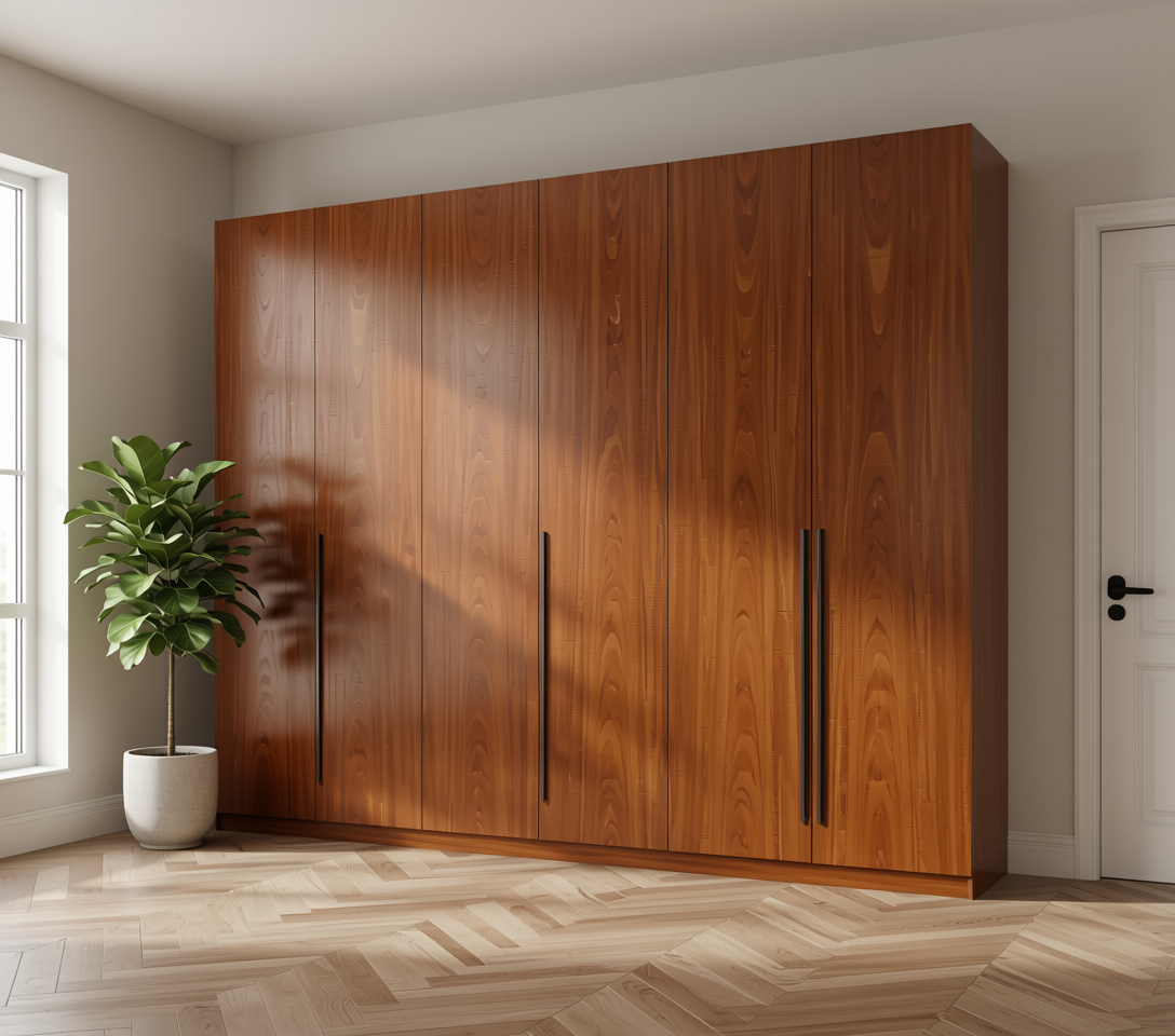 Brown laminate with textured wood grain pattern and arched white border.