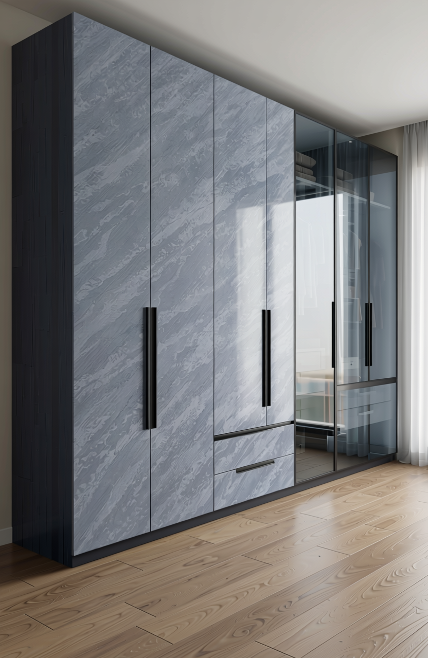 Grey textured laminate with diagonal marble pattern and subtle sheen.