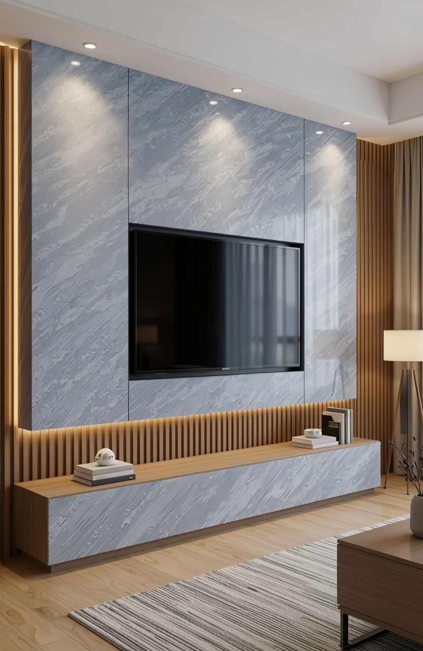 Grey textured laminate with diagonal marble pattern and subtle sheen.
