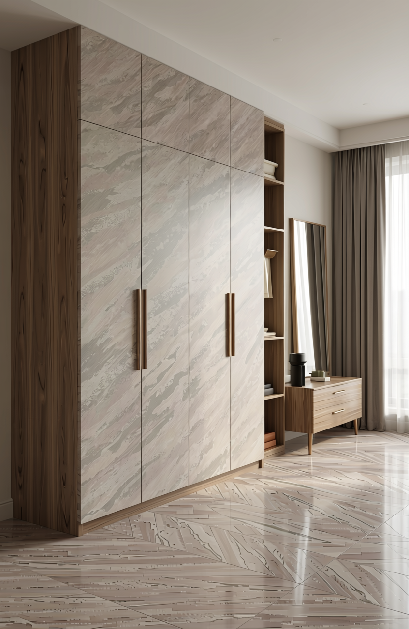 Grey marble laminate with diagonal streaks and glossy finish.
