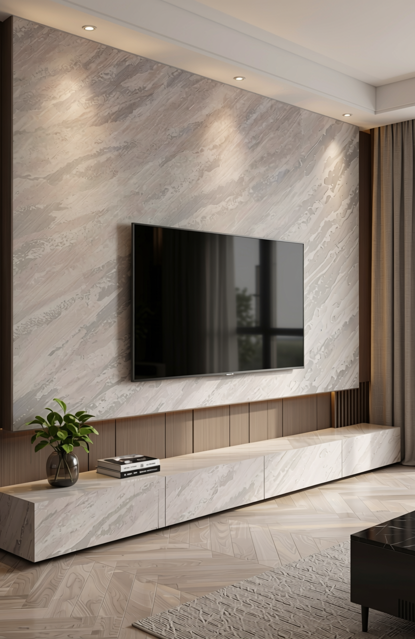Grey marble laminate with diagonal streaks and glossy finish.
