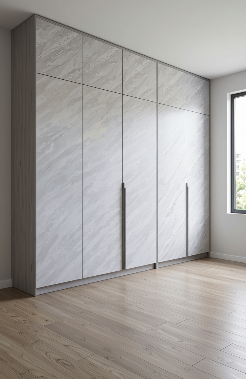 White glossy marble laminate with diagonal streaks and textured surface.