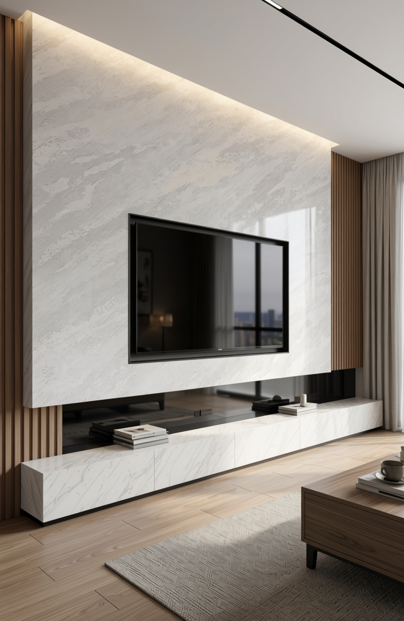 White glossy marble laminate with diagonal streaks and textured surface.