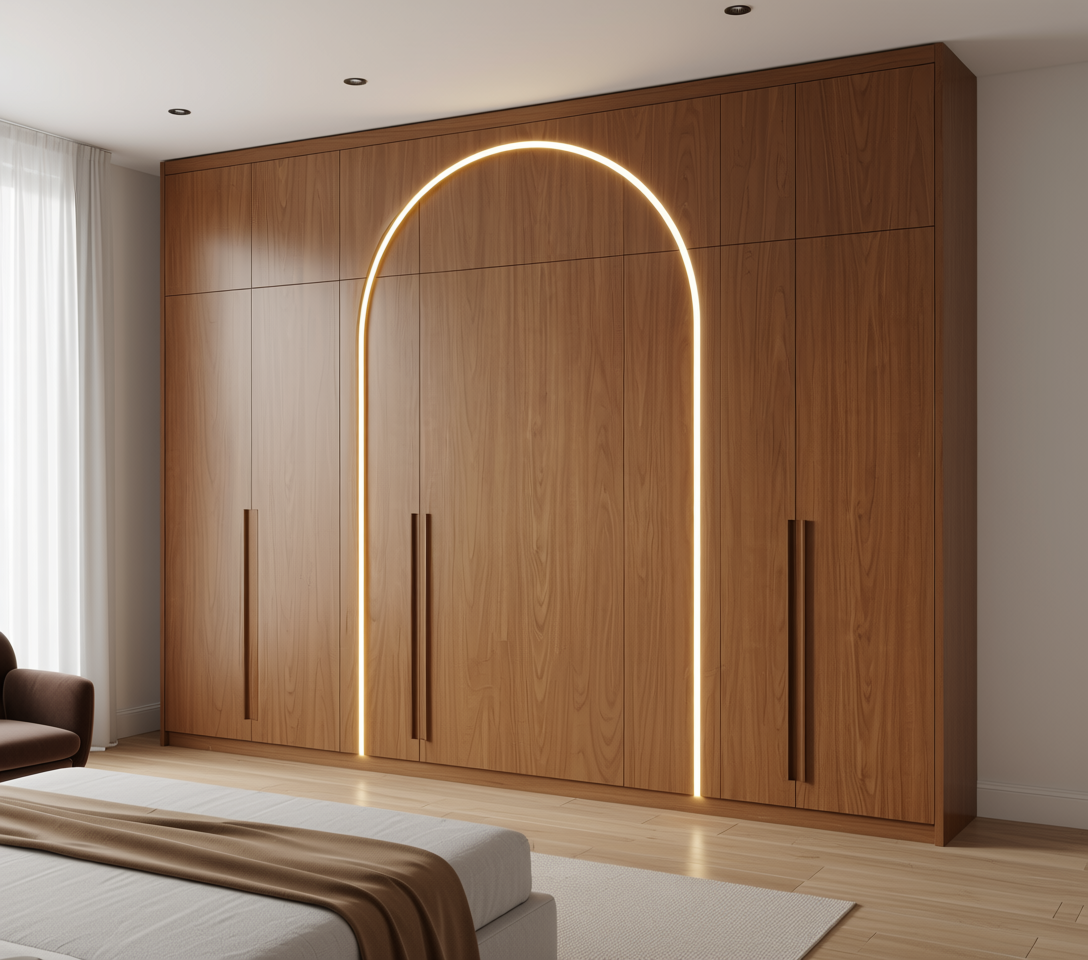 Brown wood laminate with vertical grain texture and arched white border.