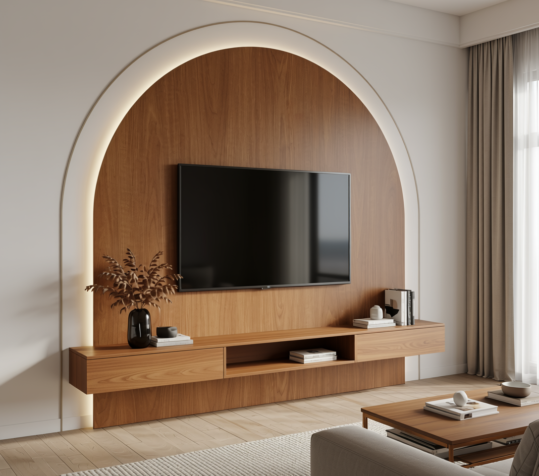 Brown wood laminate with vertical grain texture and arched white border.