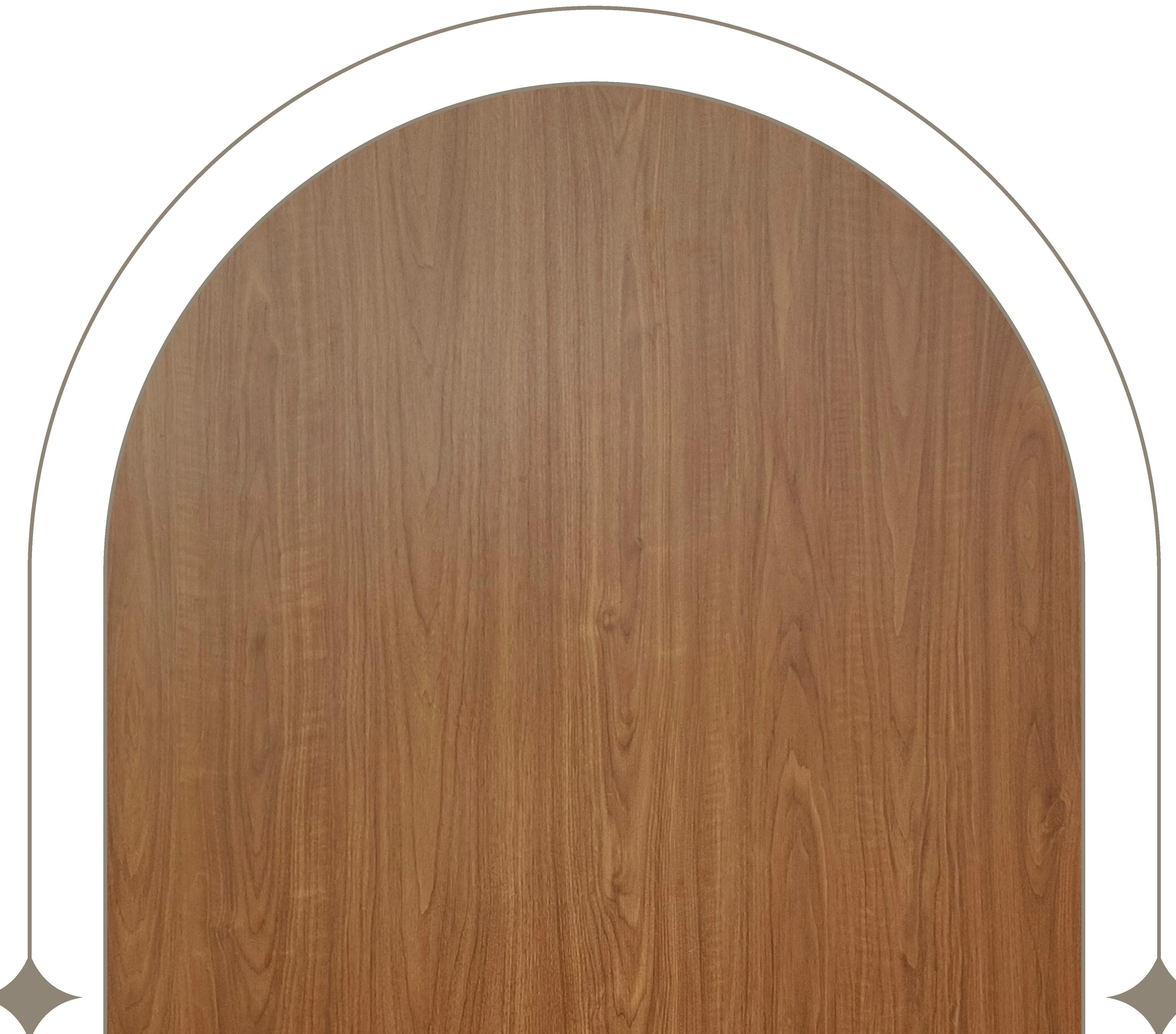 Brown wood laminate with vertical grain texture and arched white border.