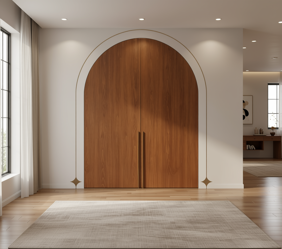 Brown wood laminate with textured finish and vertical grain pattern, featuring an arched top.