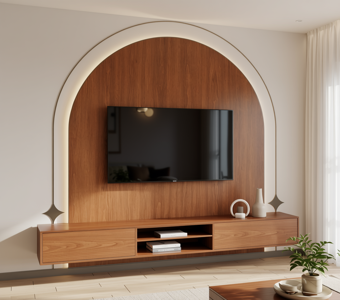 Brown wood laminate with textured finish and vertical grain pattern, featuring an arched top.