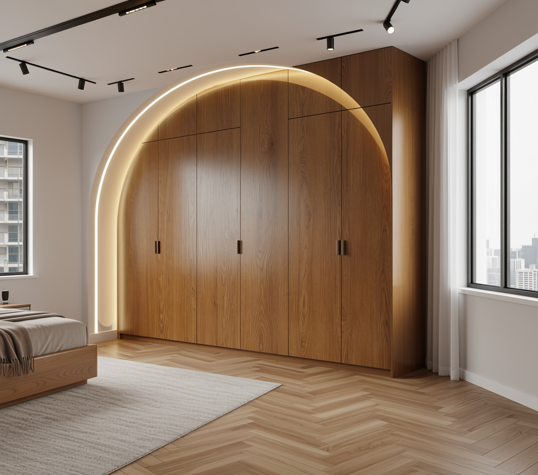 Brown laminate with wood grain texture and vertical grain direction.