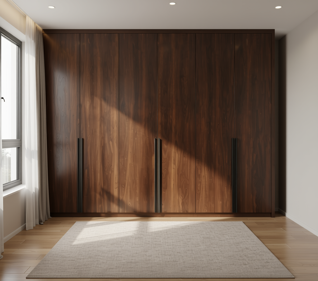 Brown wood laminate with textured finish and vertical grain direction.