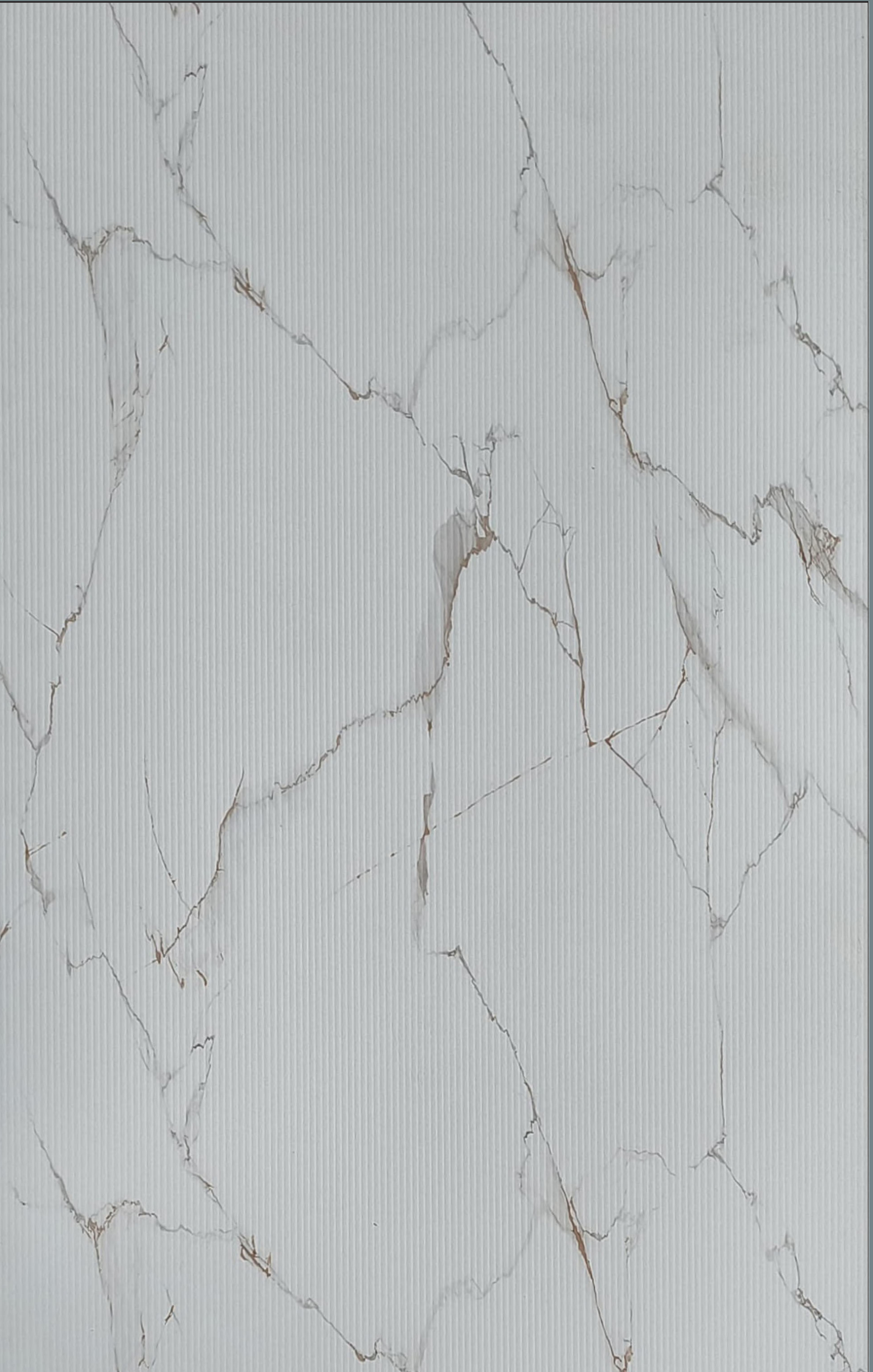 White marble laminate with gold veining and glossy finish.