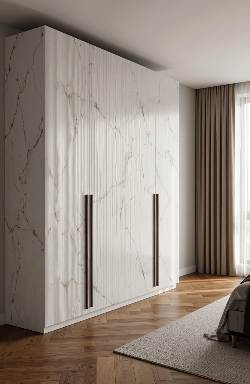 White marble laminate with gold veining and glossy finish.