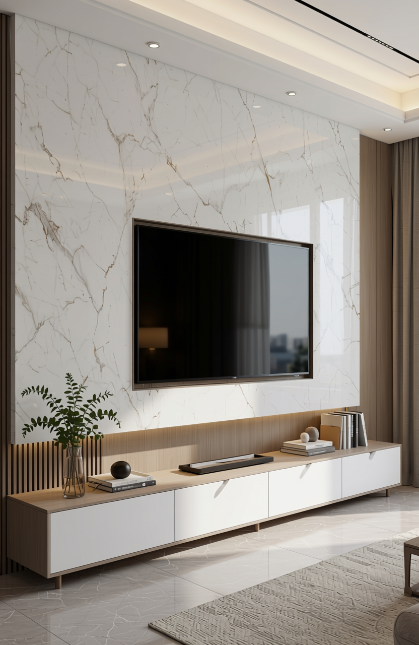White marble laminate with gold veining and glossy finish.