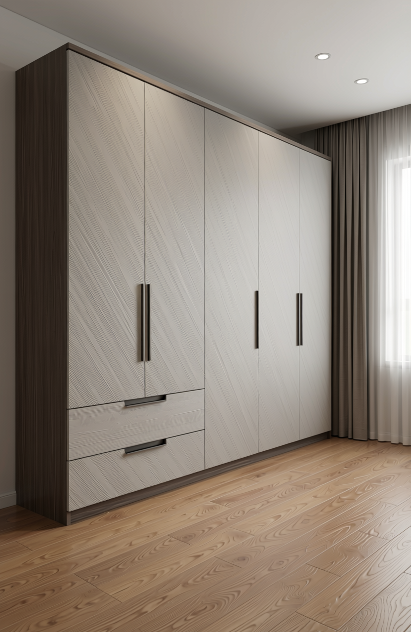 Grey matte laminate with diagonal texture and subtle grain direction.