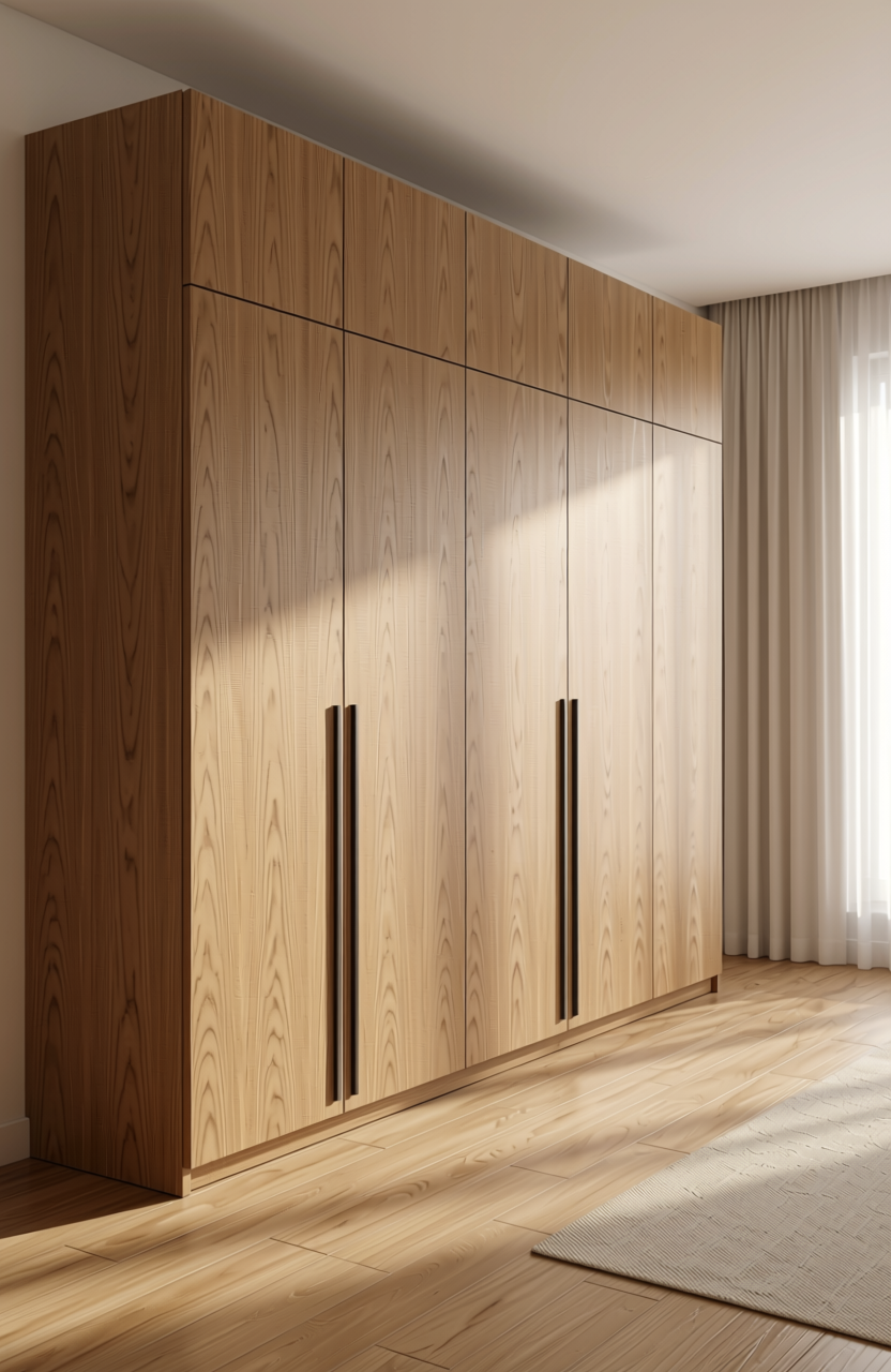 Beige wood grain laminate with diagonal texture and subtle sheen.