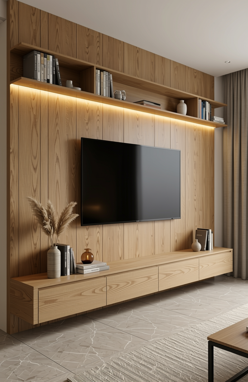 Beige wood grain laminate with diagonal texture and subtle sheen.