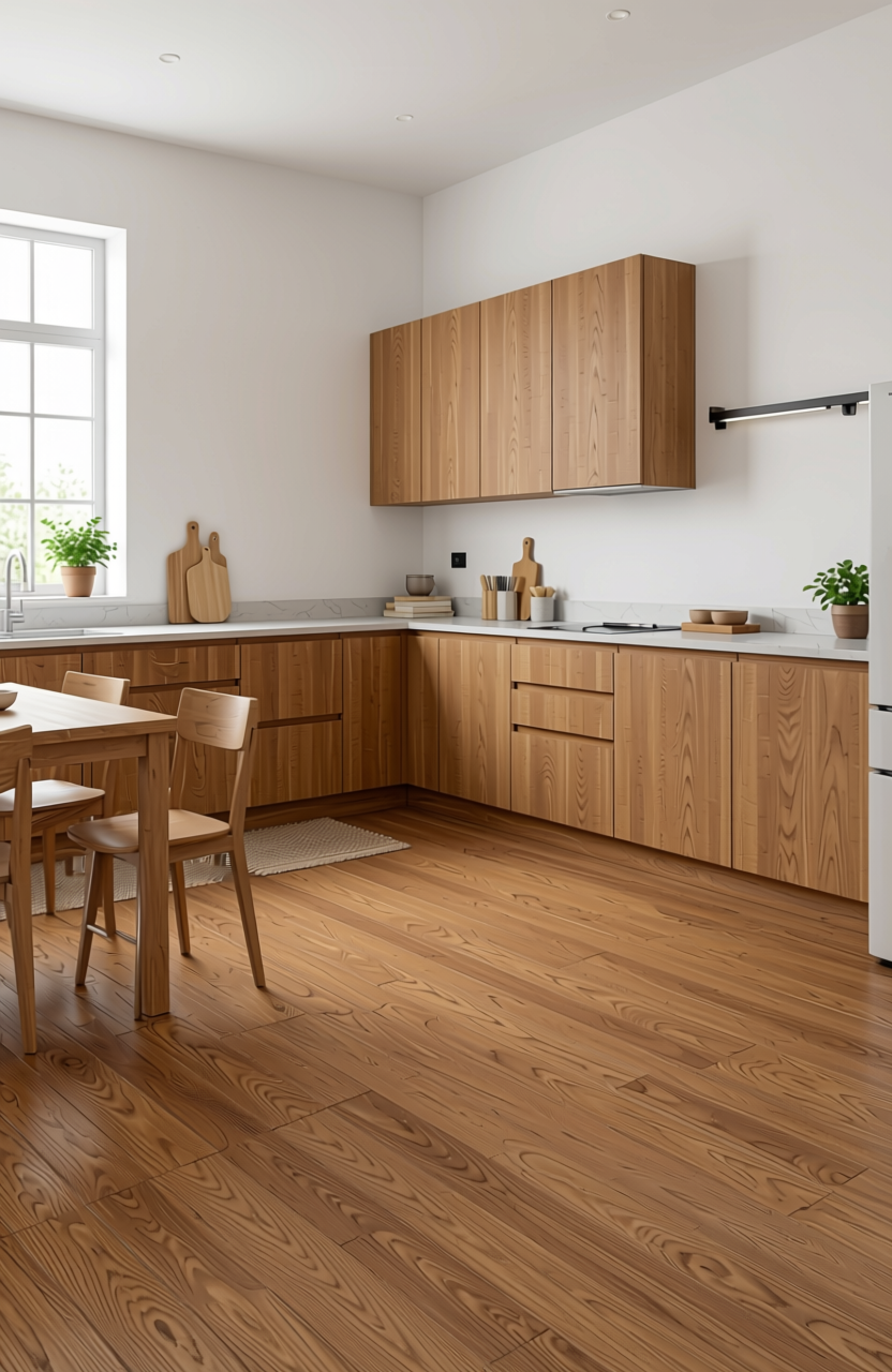 Brown laminate with wood grain texture and diagonal pattern, medium sheen finish.