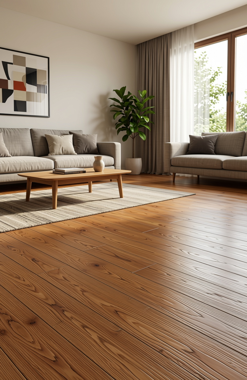 Brown laminate with wood grain texture and diagonal pattern, medium sheen finish.
