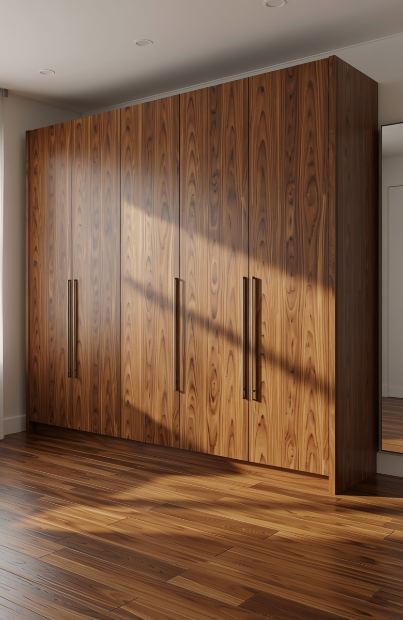 Brown laminate with diagonal wood grain pattern and glossy finish.